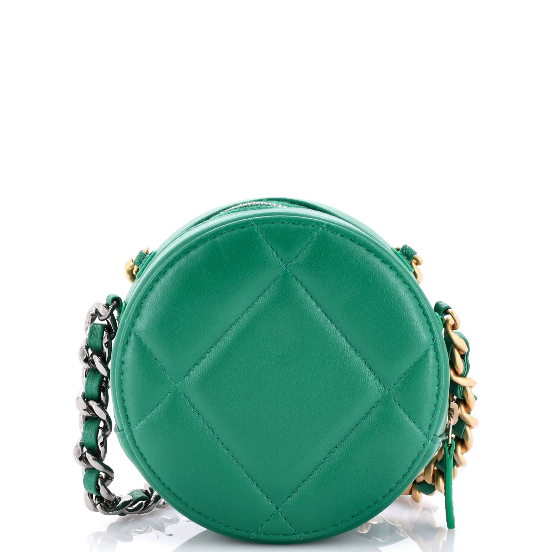 19 Round Clutch with Chain Quilted Leather