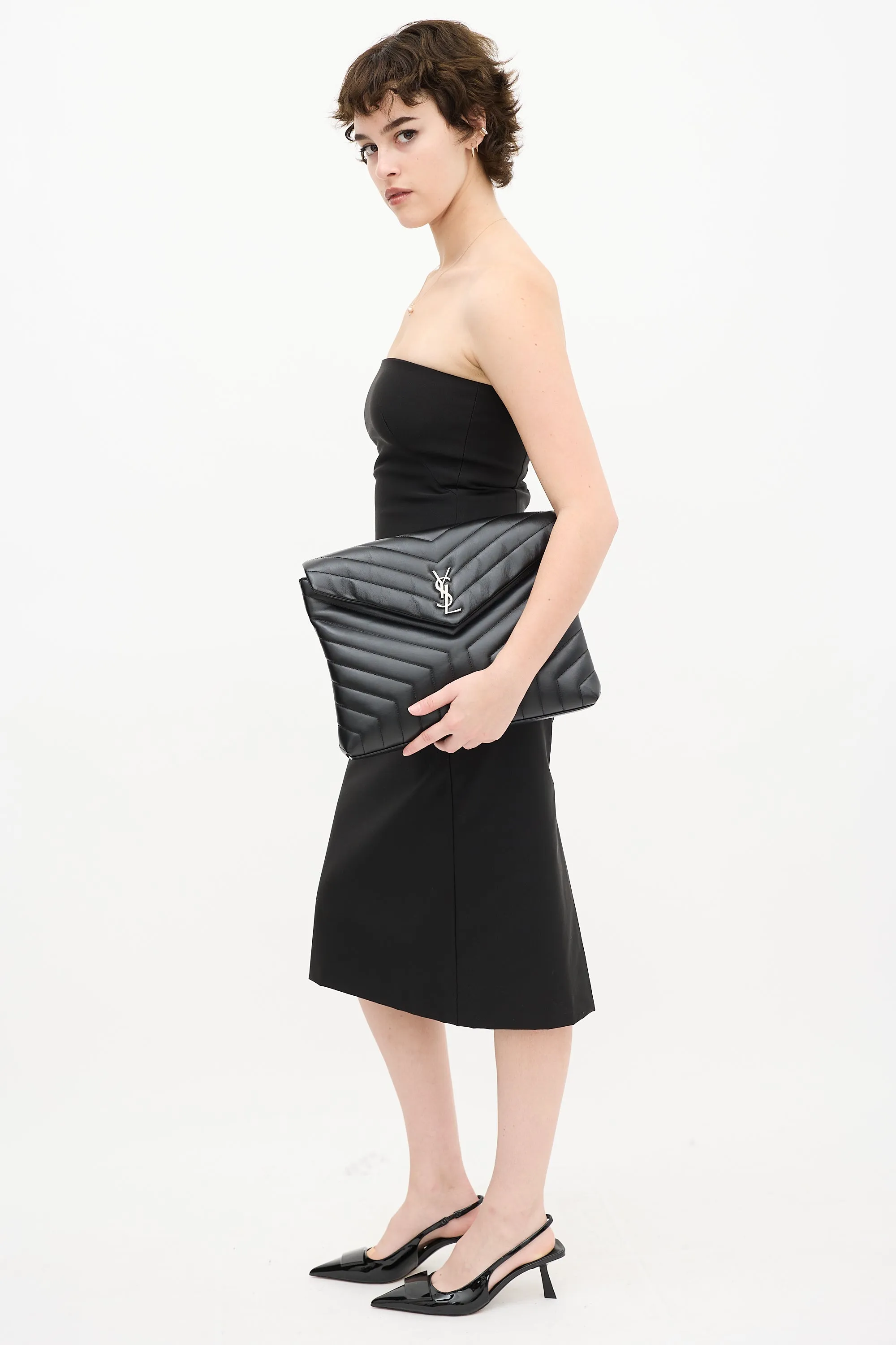 Black Leather Loulou Quilted Clutch