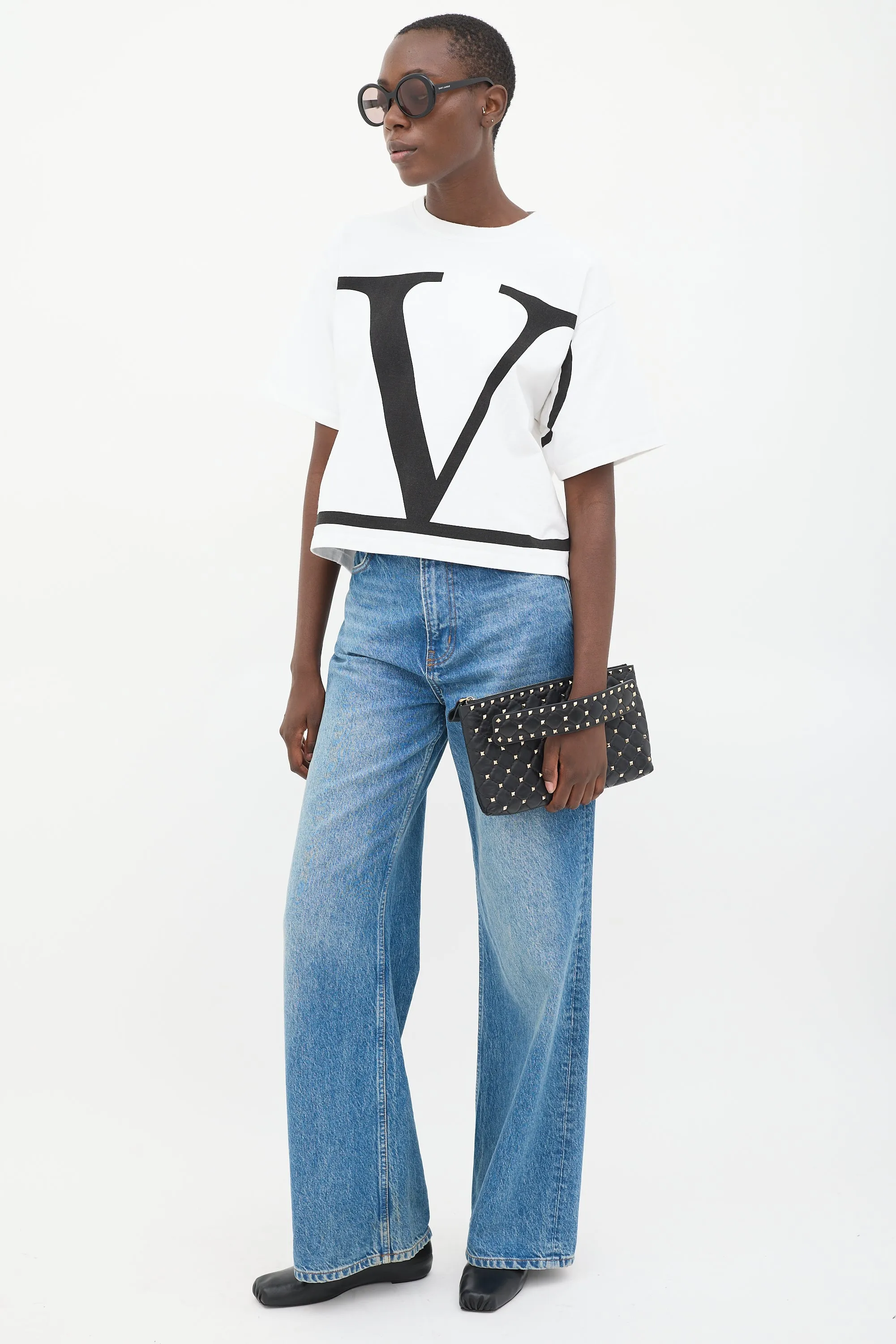 Black Quilted Leather Rockstud Clutch