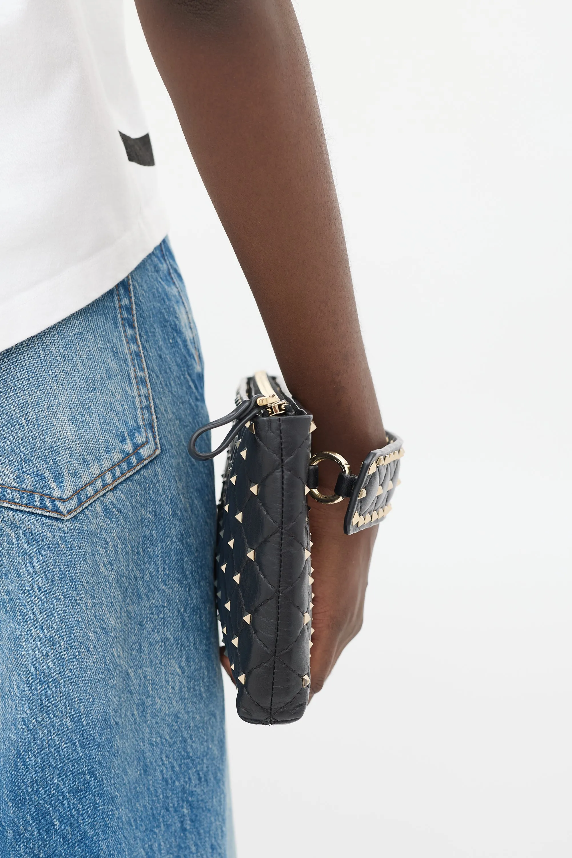 Black Quilted Leather Rockstud Clutch