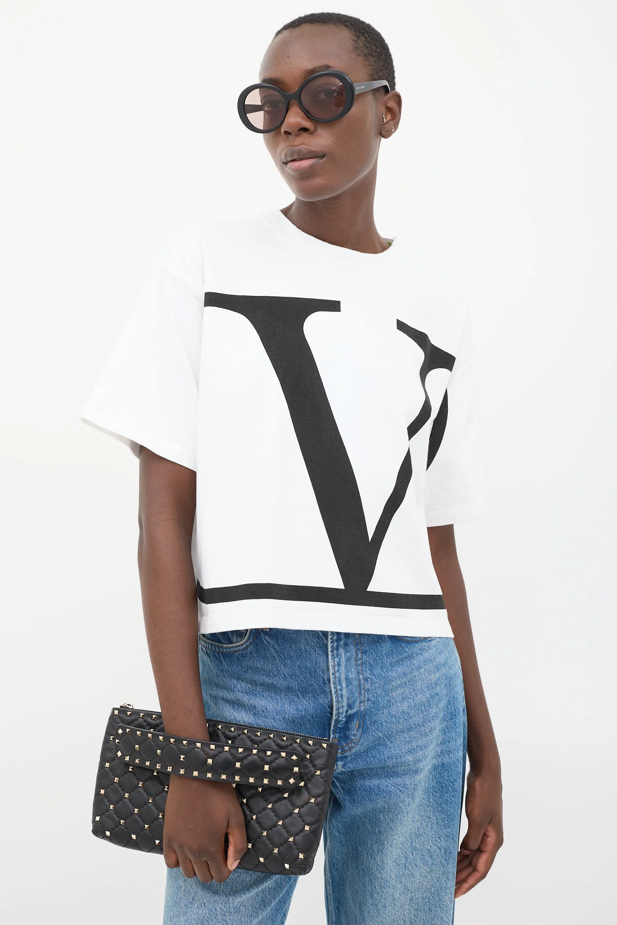 Black Quilted Leather Rockstud Clutch