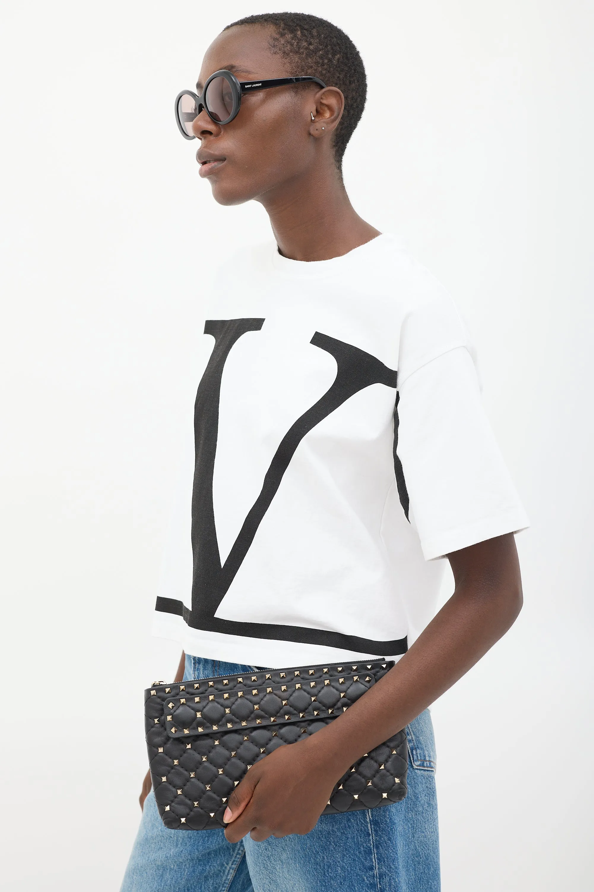 Black Quilted Leather Rockstud Clutch