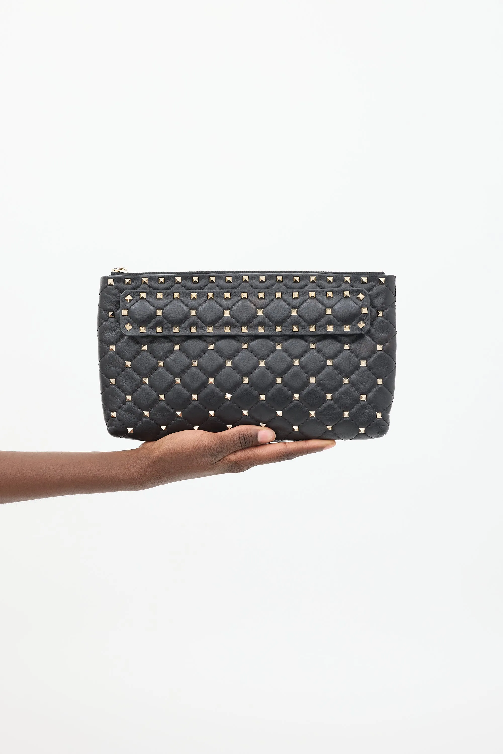 Black Quilted Leather Rockstud Clutch