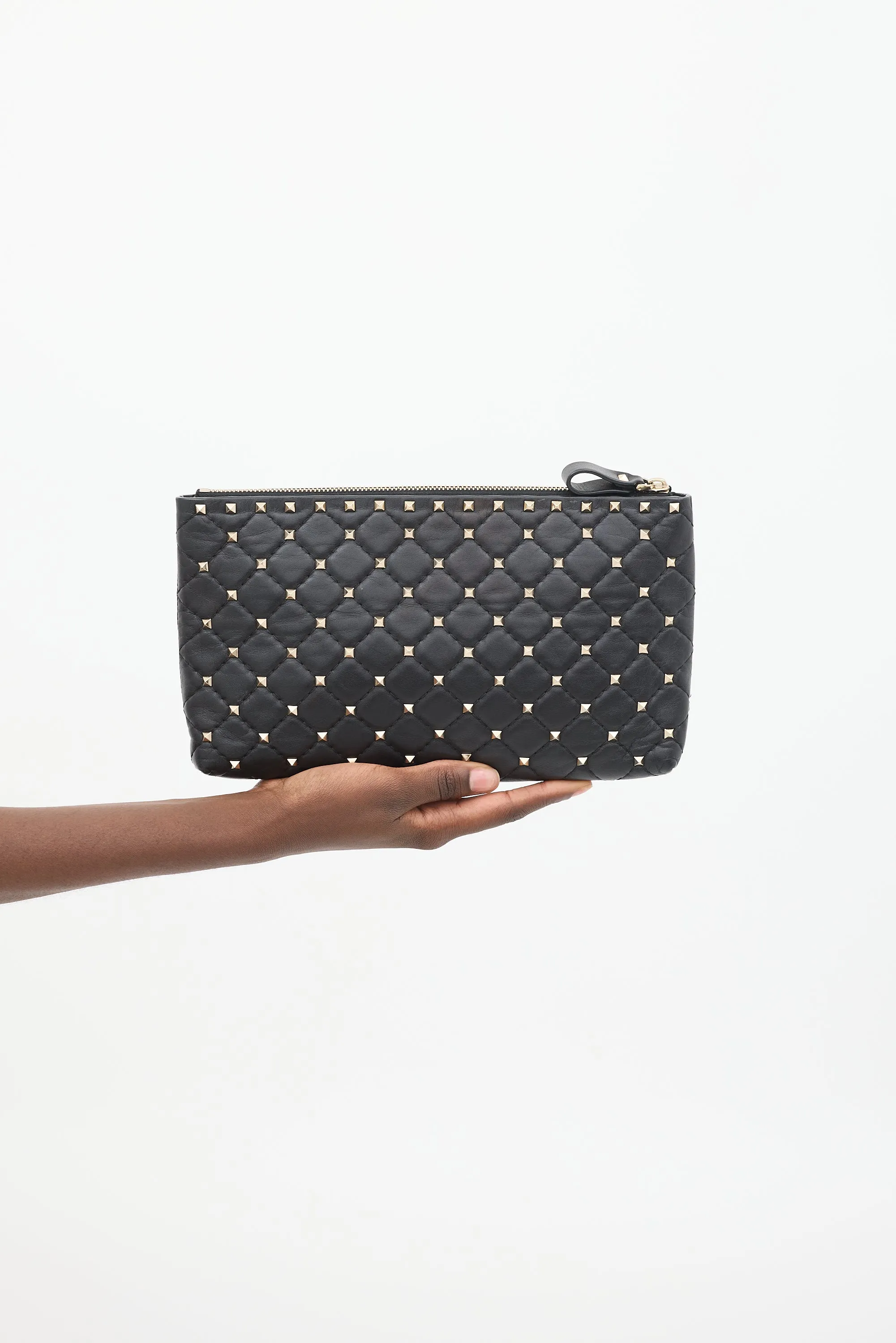 Black Quilted Leather Rockstud Clutch