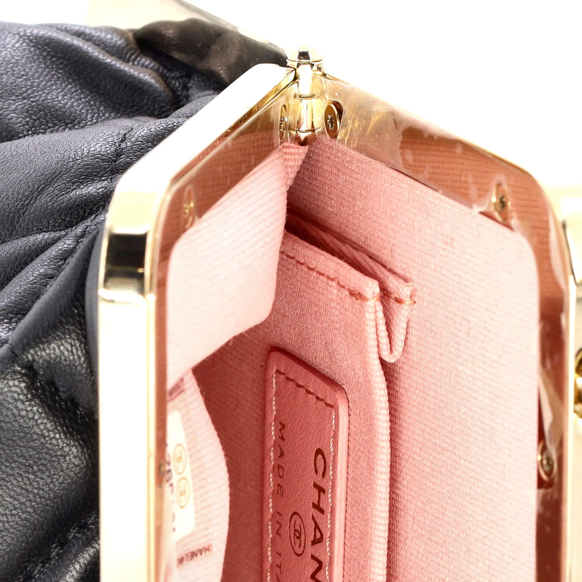 CC Frame Clutch with Chain Quilted Lambskin and Plexiglass