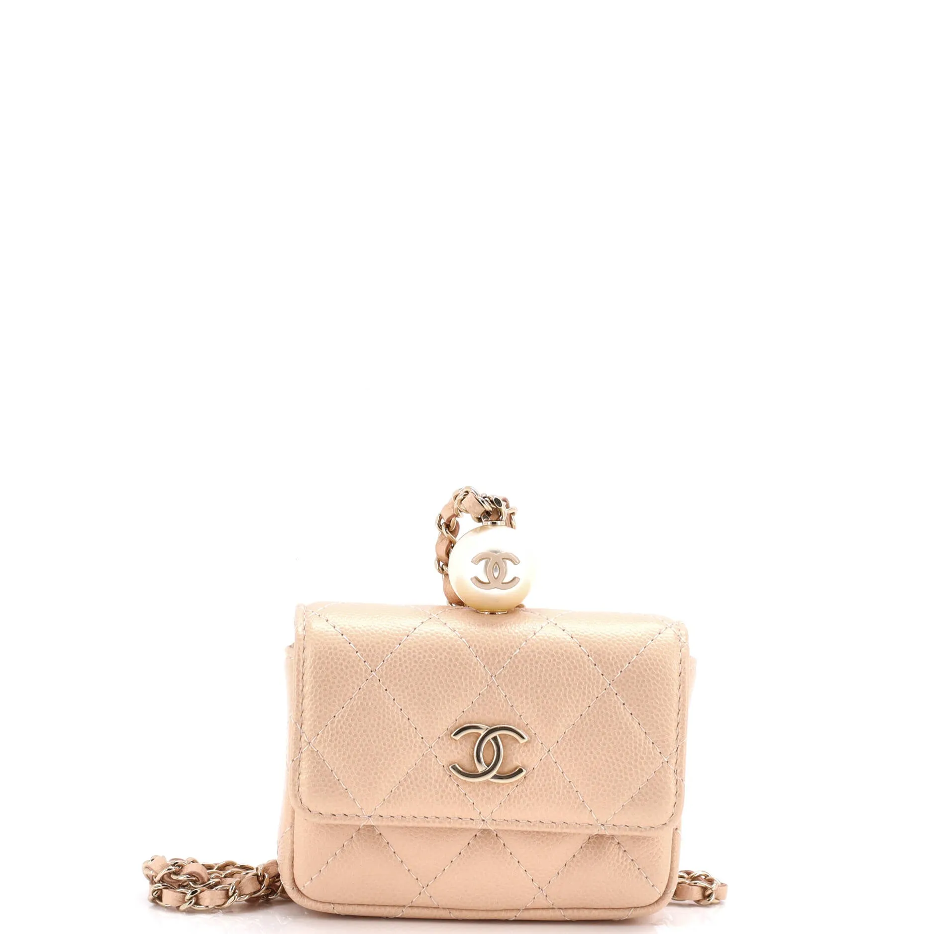 CC Pearl Coin Card Holder with Chain Quilted Caviar