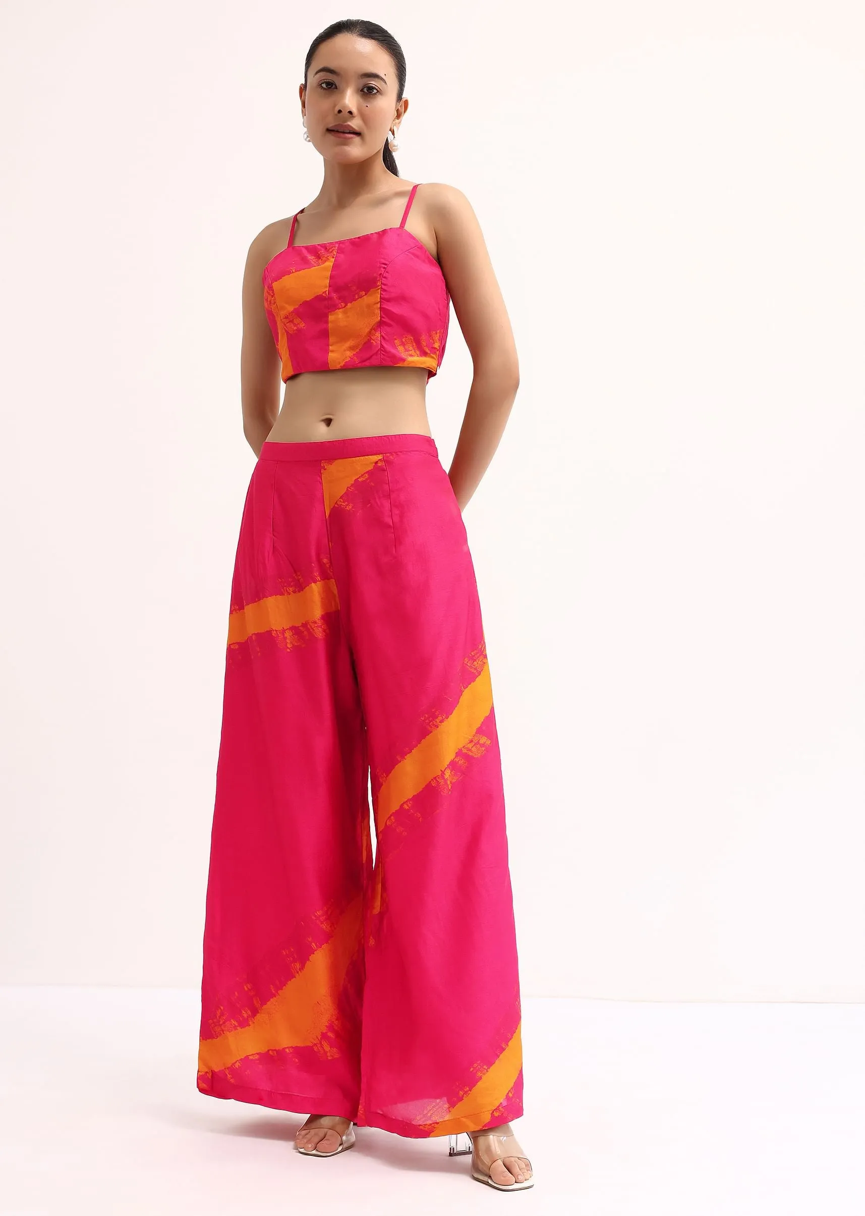 Dark Pink Printed Tussar Crop Top And Palazzo Set