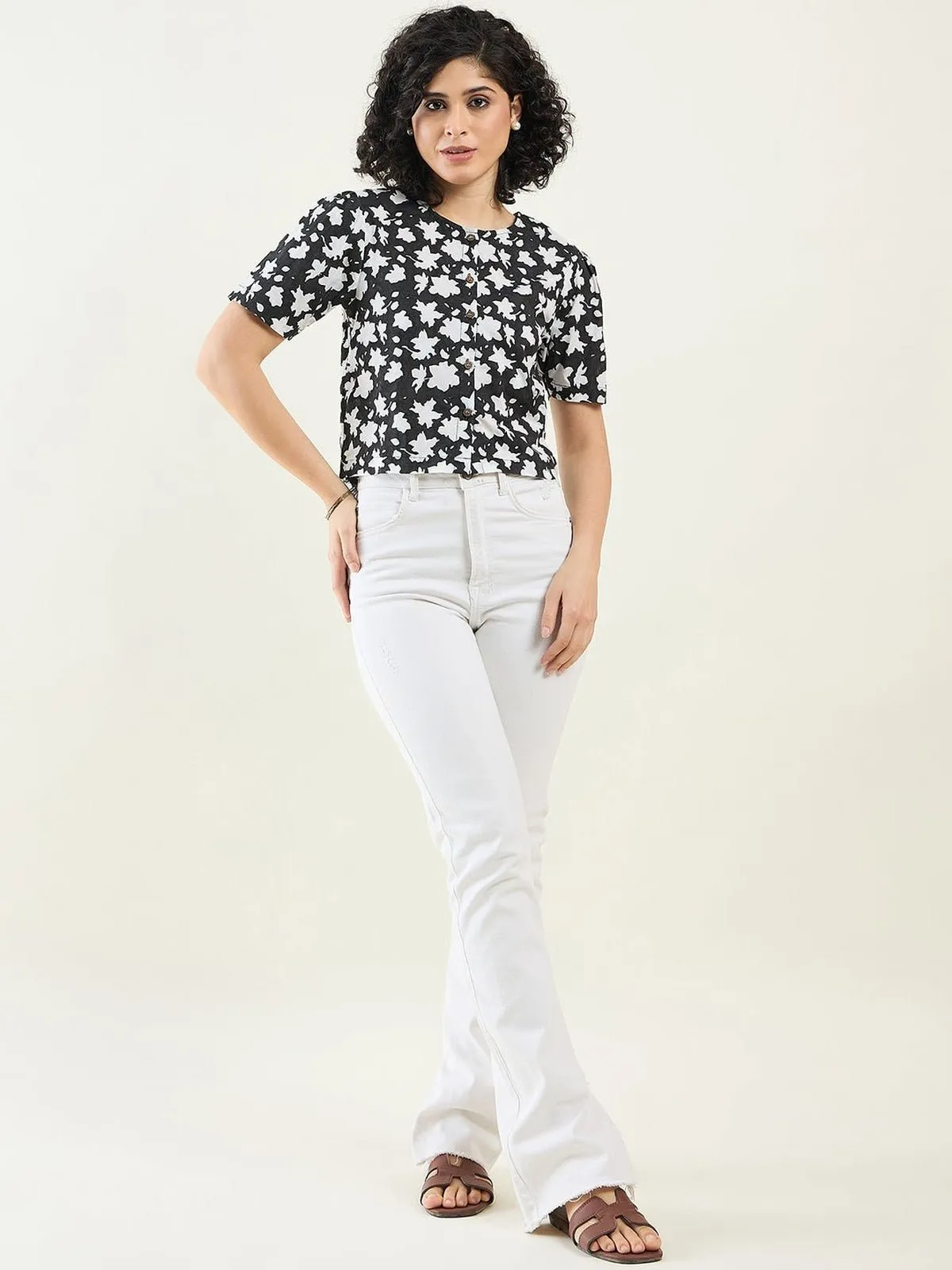 Half-Sleeves Floral Cropped Shirt top