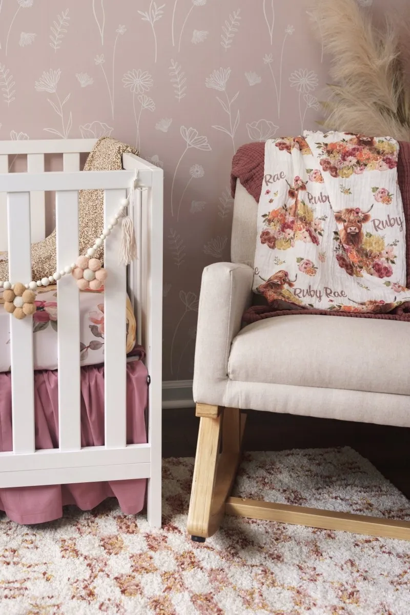 Highland Cow Wildflower Dusty Rose Gathered Crib Skirt