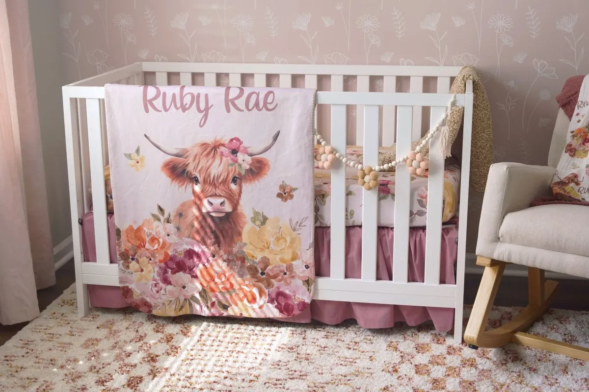 Highland Cow Wildflower Dusty Rose Gathered Crib Skirt