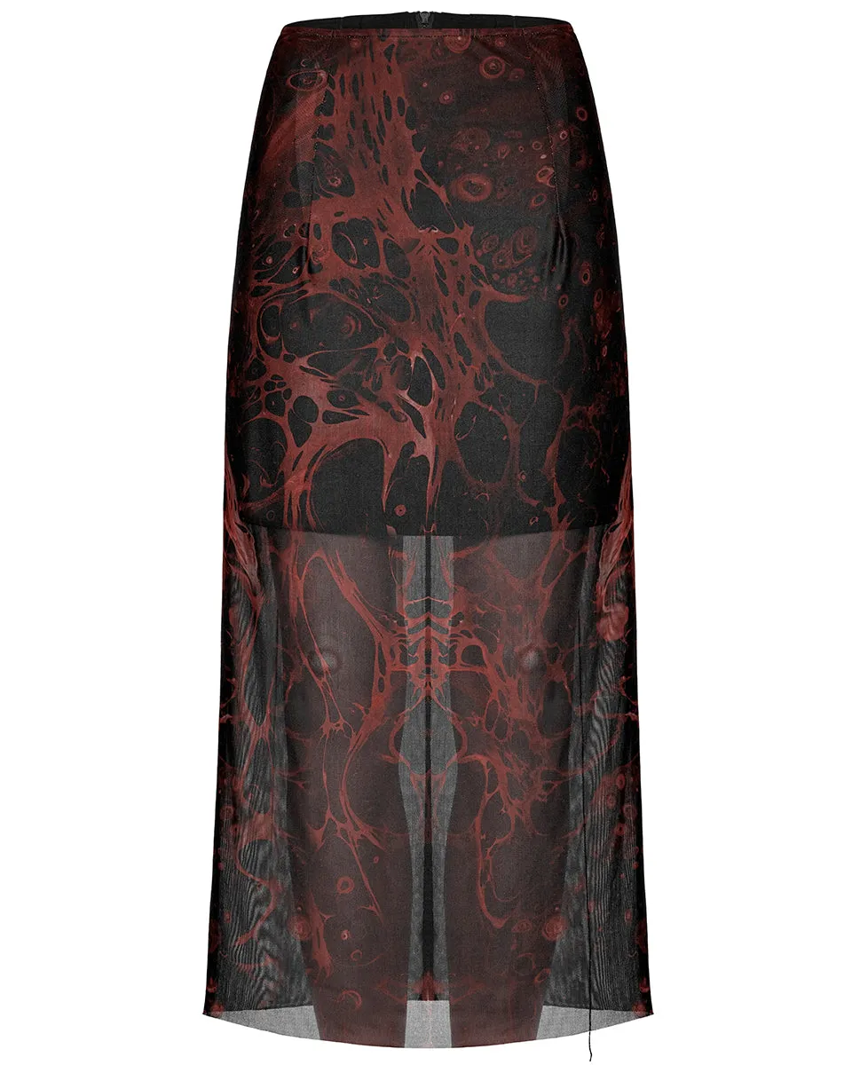 OPQ-1401 Daily Life Womens Cyberpunk Layered Gauze Midi Skirt - Black & Red