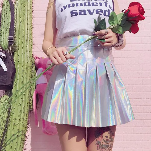Pleated Skirts Women PU Solid Harajuku Casual Sexy Laser Hight Waist Mini Short Skirt