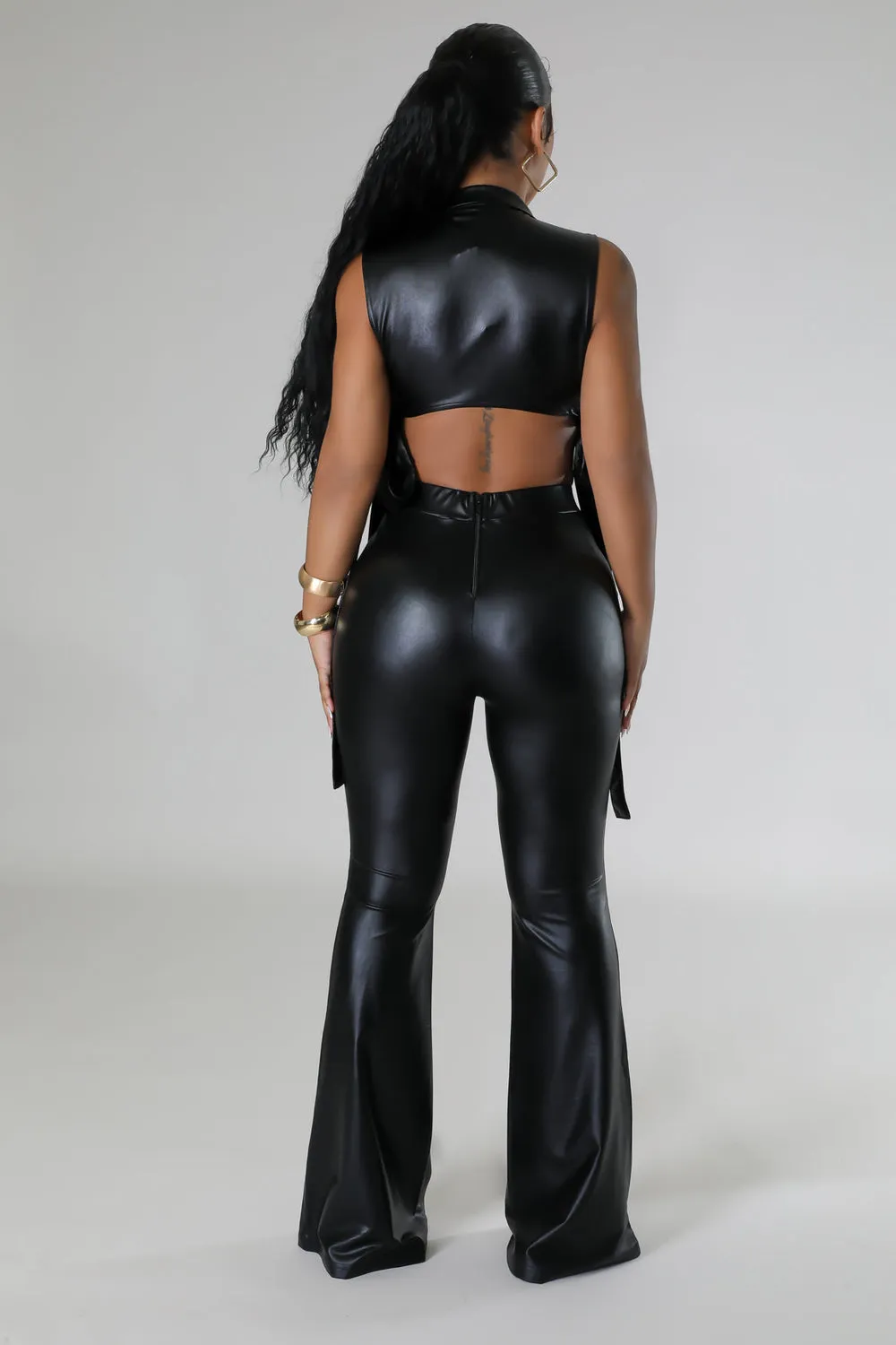 "Muse" Faux Leather Zipper Front Crop Top & High-Waisted Pants Set.