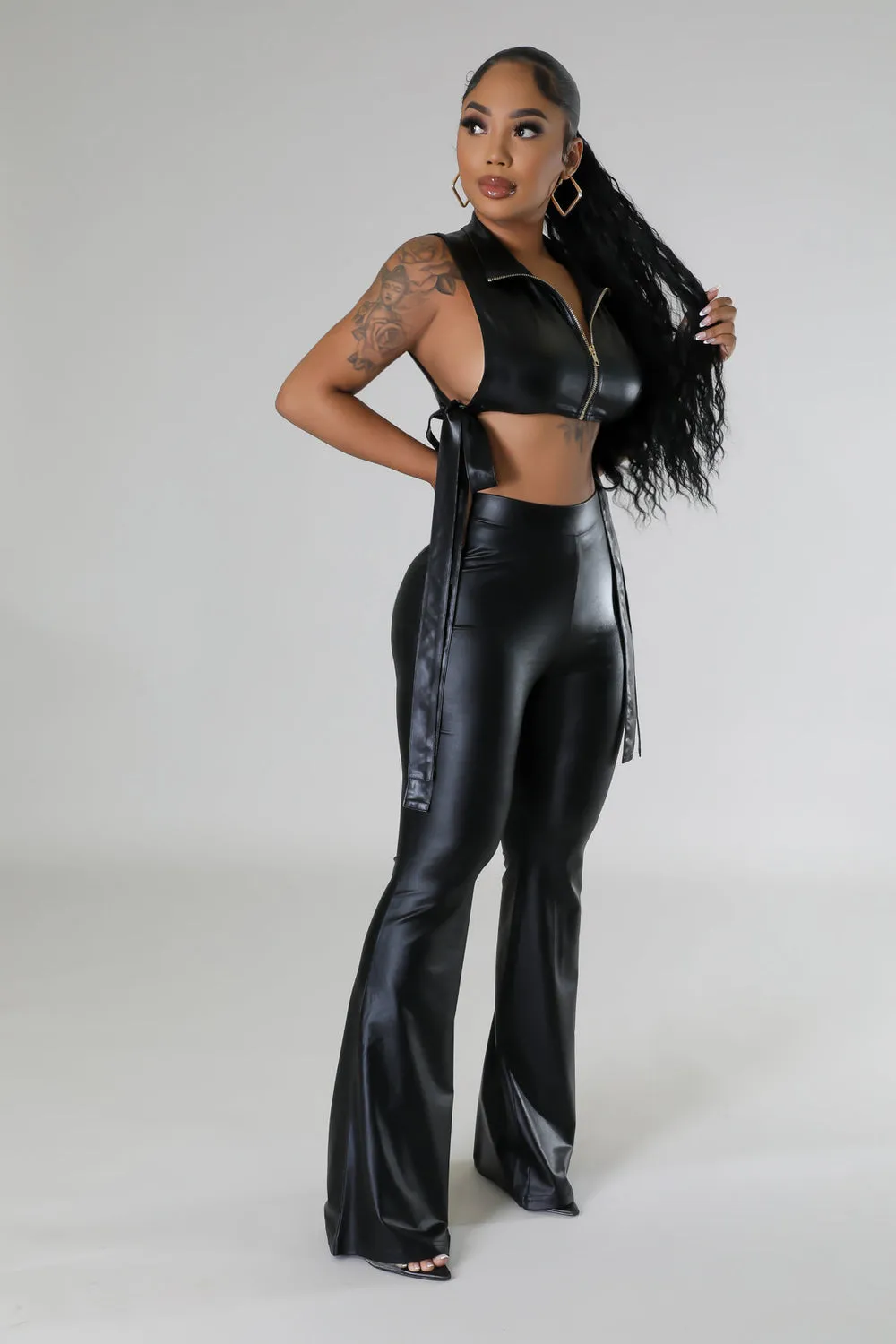 "Muse" Faux Leather Zipper Front Crop Top & High-Waisted Pants Set.