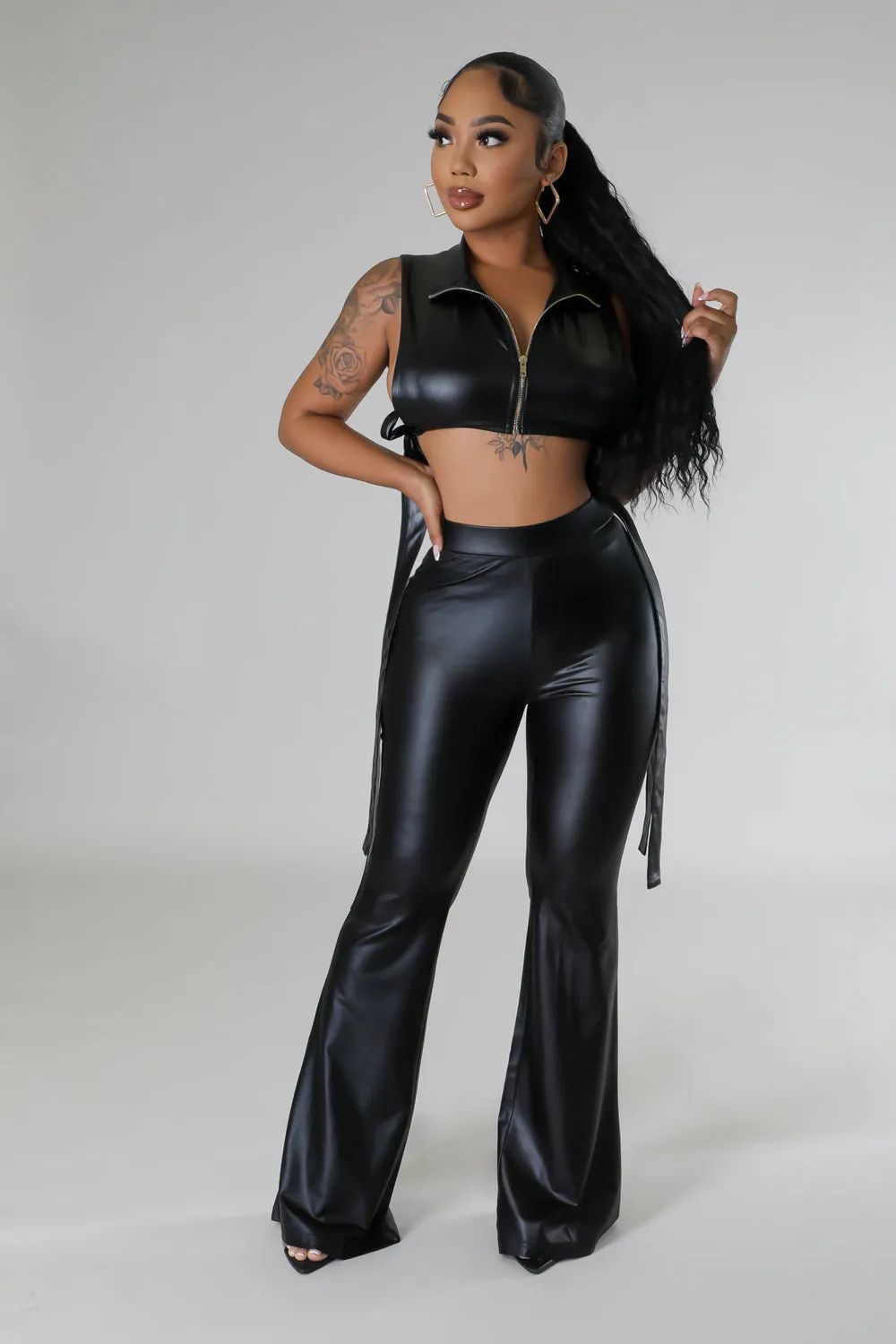 "Muse" Faux Leather Zipper Front Crop Top & High-Waisted Pants Set.