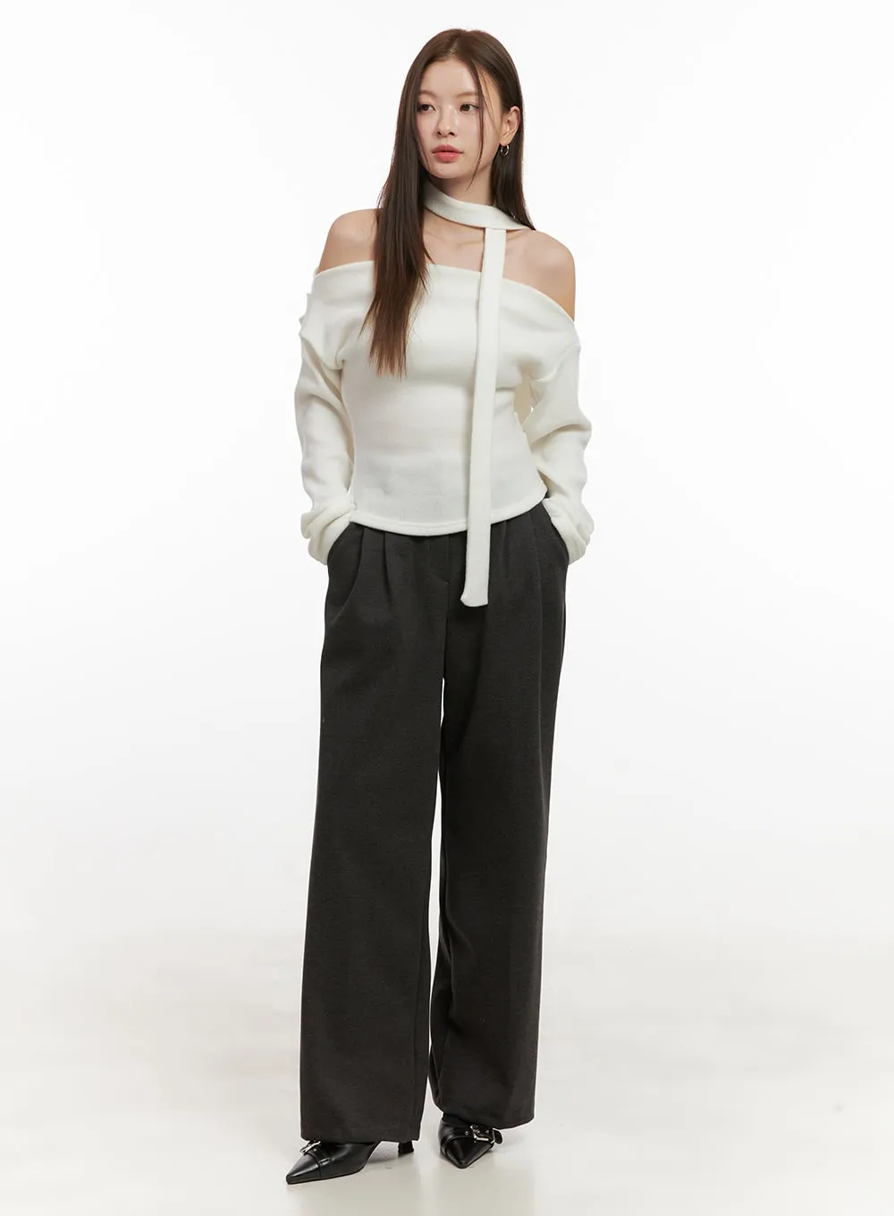 Tailored Solid Polyester Wide-Leg Pants OD417