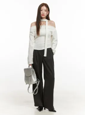 Tailored Solid Polyester Wide-Leg Pants OD417