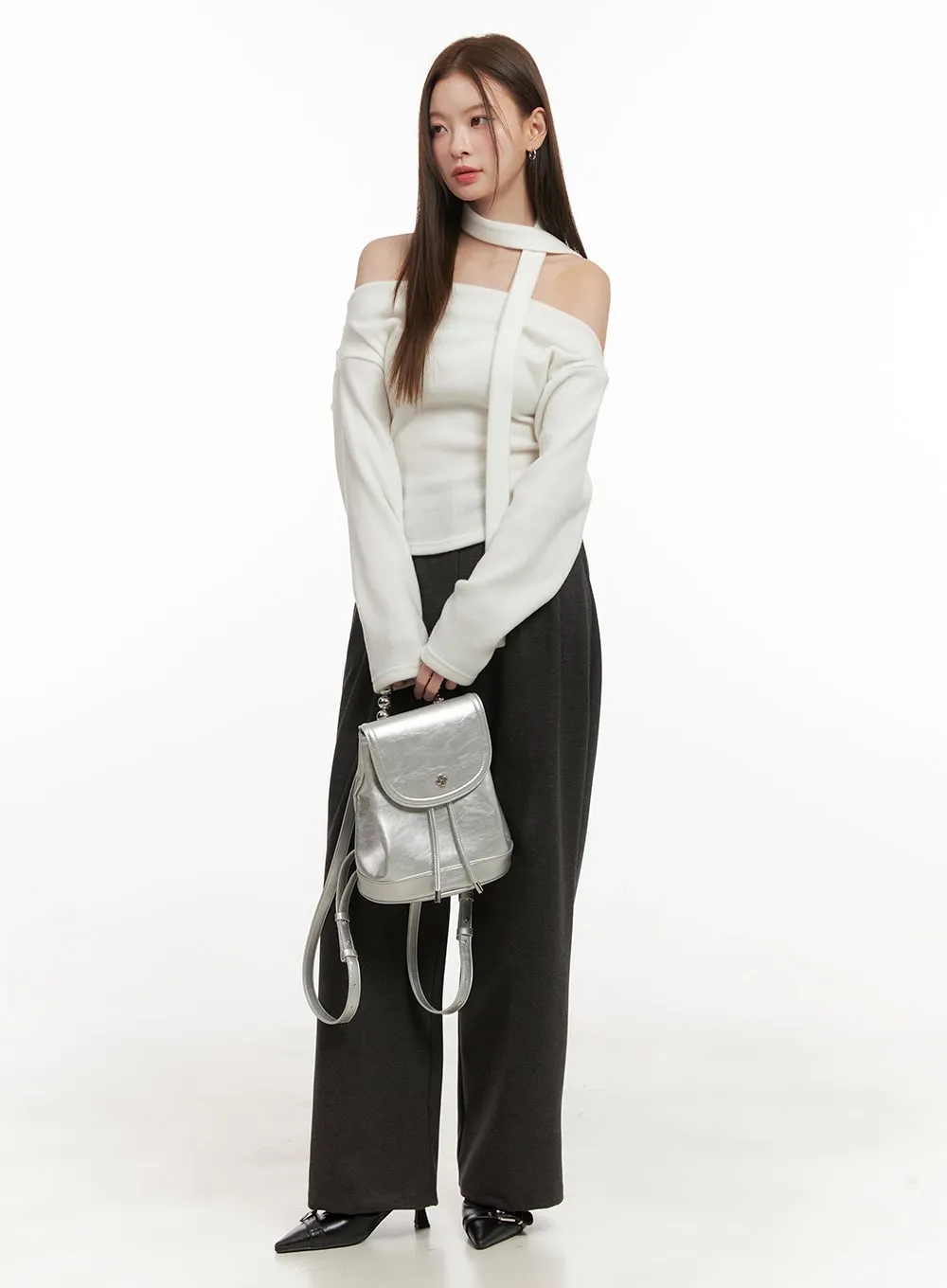 Tailored Solid Polyester Wide-Leg Pants OD417