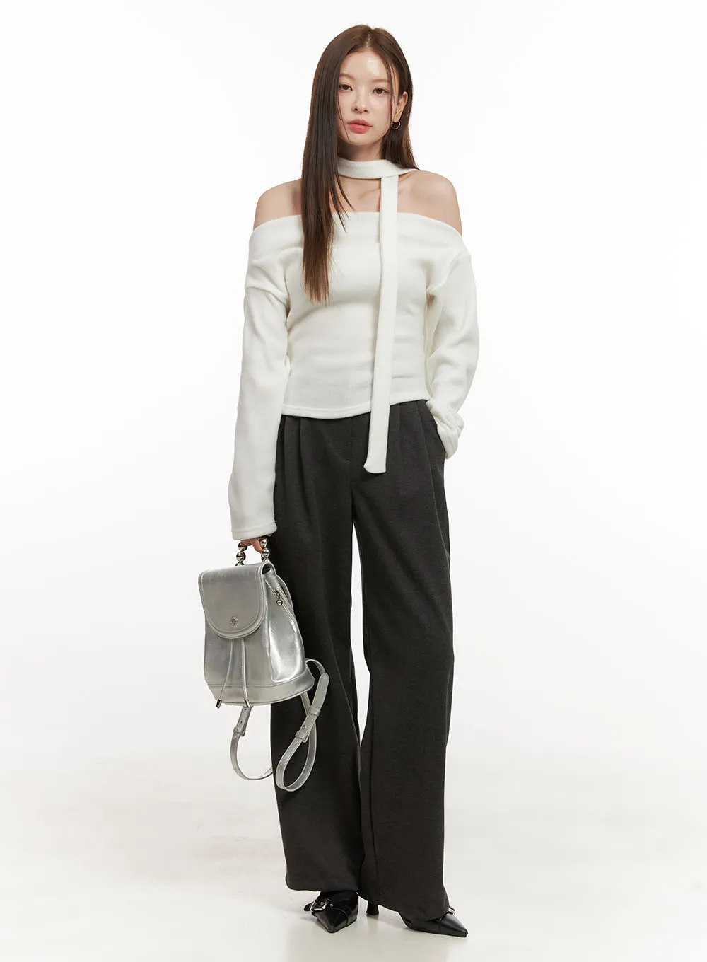 Tailored Solid Polyester Wide-Leg Pants OD417