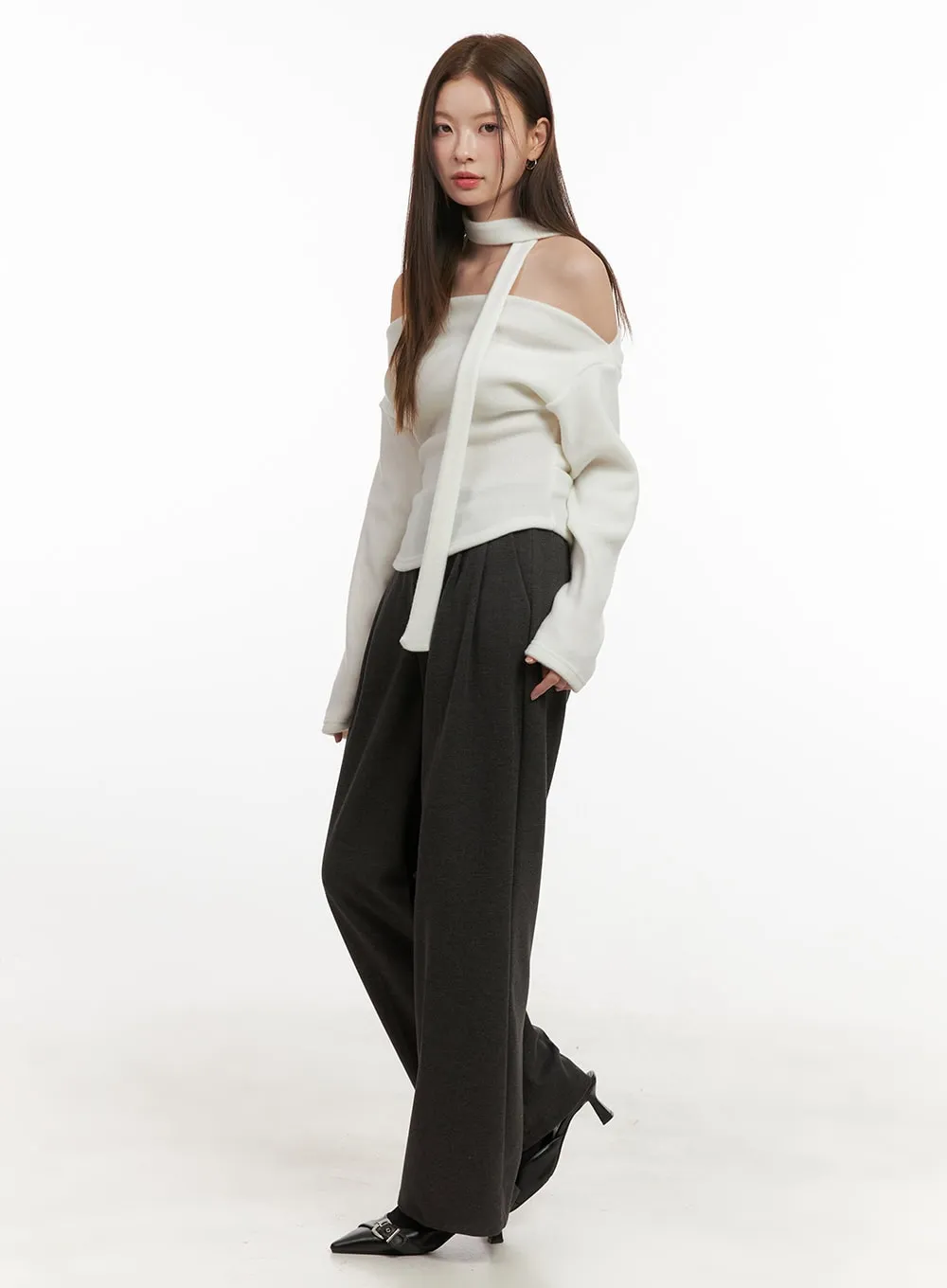 Tailored Solid Polyester Wide-Leg Pants OD417