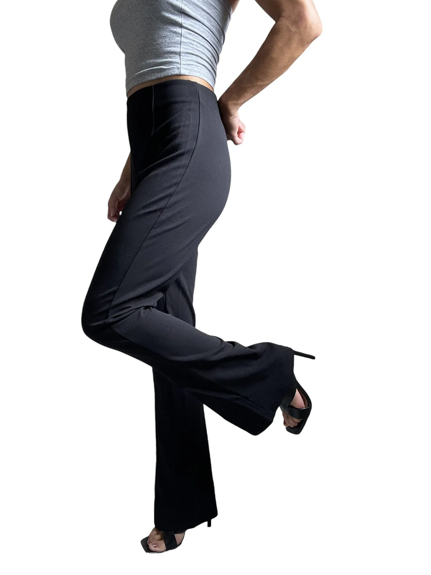 Women's Black Dressy Work Office Stretchy Slim high waisted flared pants