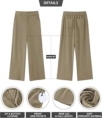 Women's Casual High Waist Pocket Polyester Relaxed Fit Wide Leg Pants