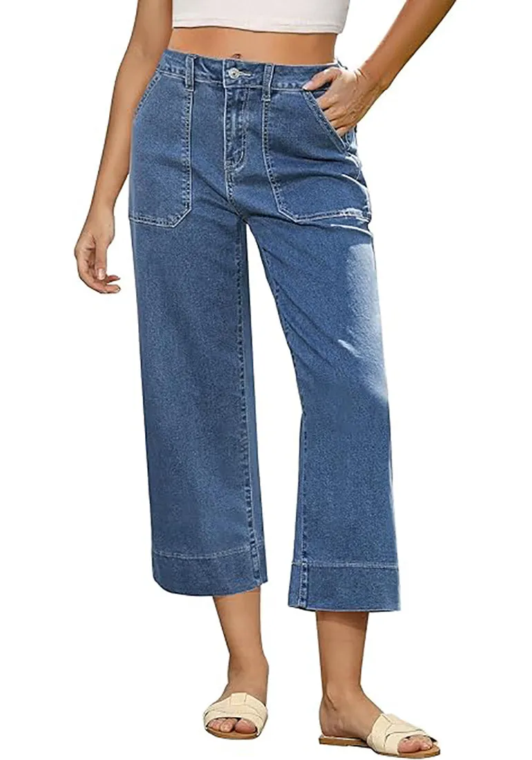 Women's Retro Denim High Rise Jeans Wide Leg Pull On Cropped