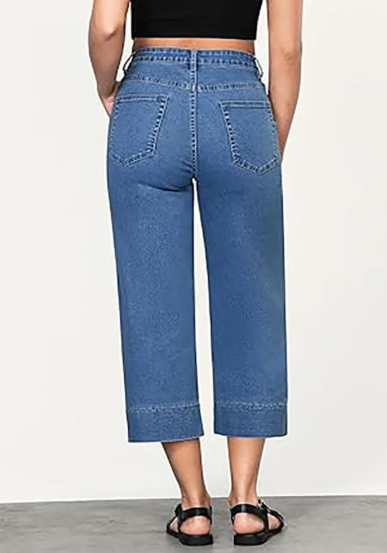 Women's Retro Denim High Rise Jeans Wide Leg Pull On Cropped